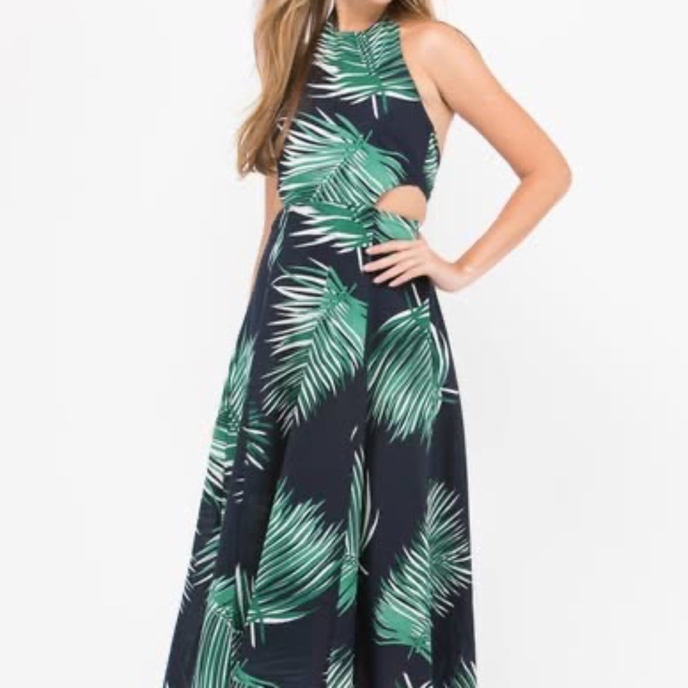 Petal Roz Blue & Green Tropical Print Backless Cutout Halter Midi Dress Size S